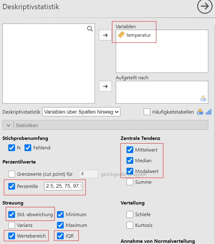 Links: Jamovi-Anleitung zur Berechnung der gewünschten Parameter; rechts: Parameterwerte.
