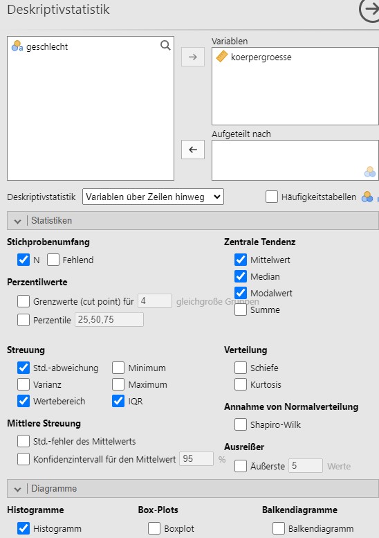 Jamovi setzen der Analyseparameter.