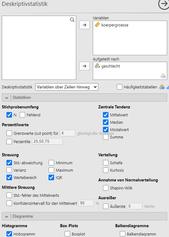 Jamovi setzen der Analyseparameter.