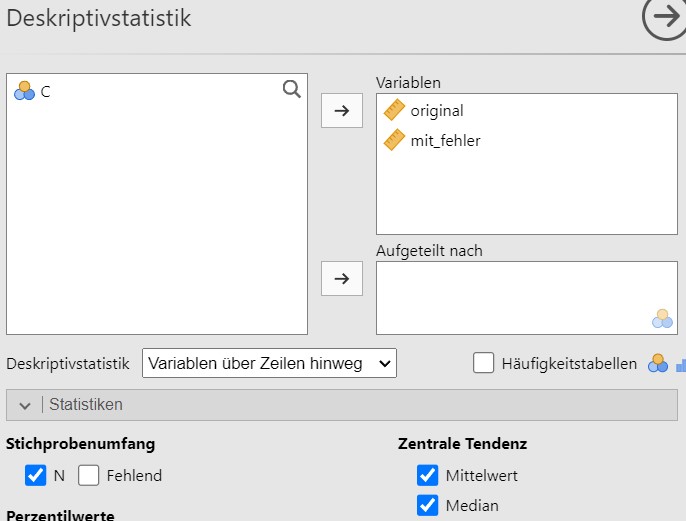 Jamovi setzen der Analyseparameter.
