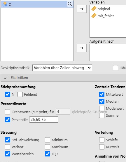 Jamovi setzen der Analyseparameter.