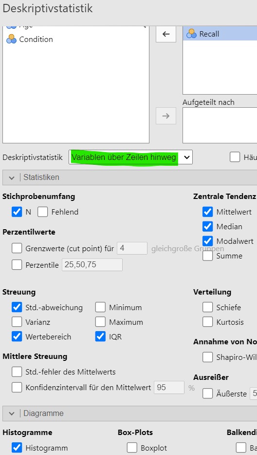 Jamovi setzen der Analyseparameter.