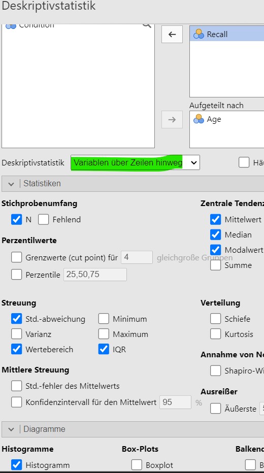 Jamovi setzen der Analyseparameter.