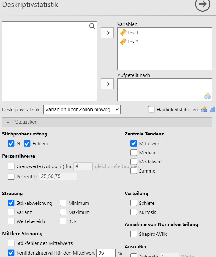 Jamovi setzen der Analyseparameter.