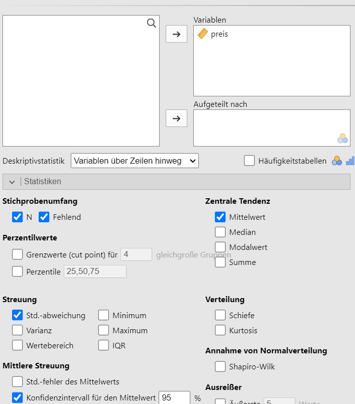Jamovi setzen der Analyseparameter.