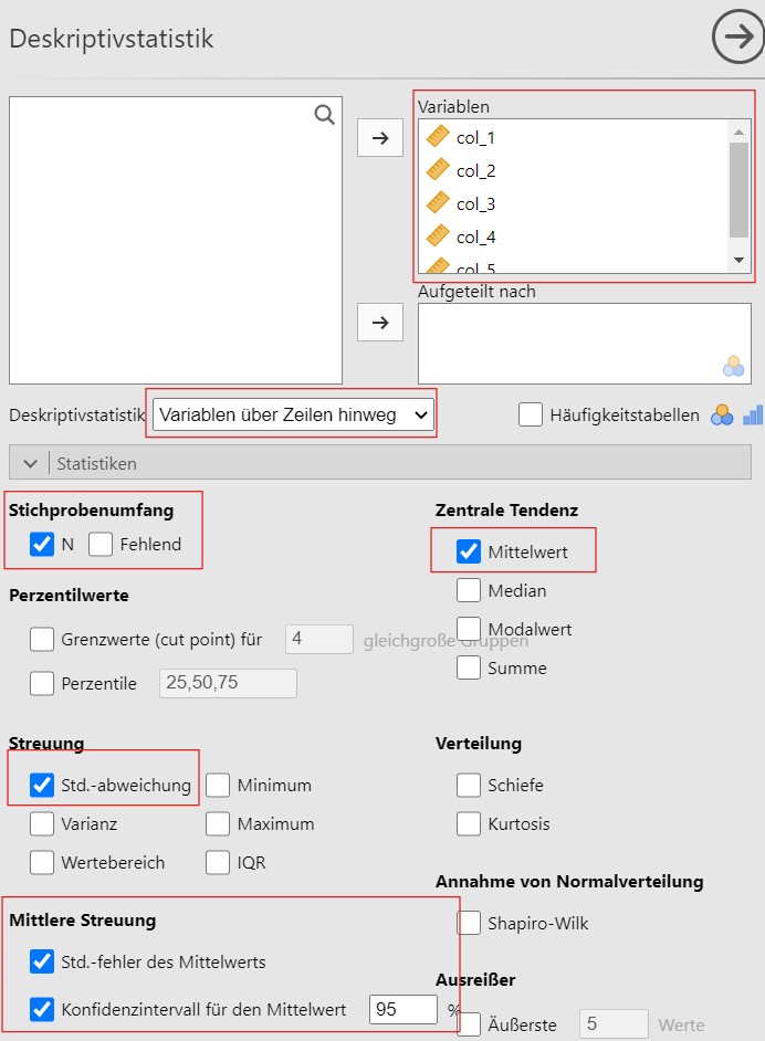 Links: Jamovi-Anleitung zur Erstellung der Tabelle mit den relevanten Kenngrössen; rechts: Tabelle mit relevanten Kenngrössen.