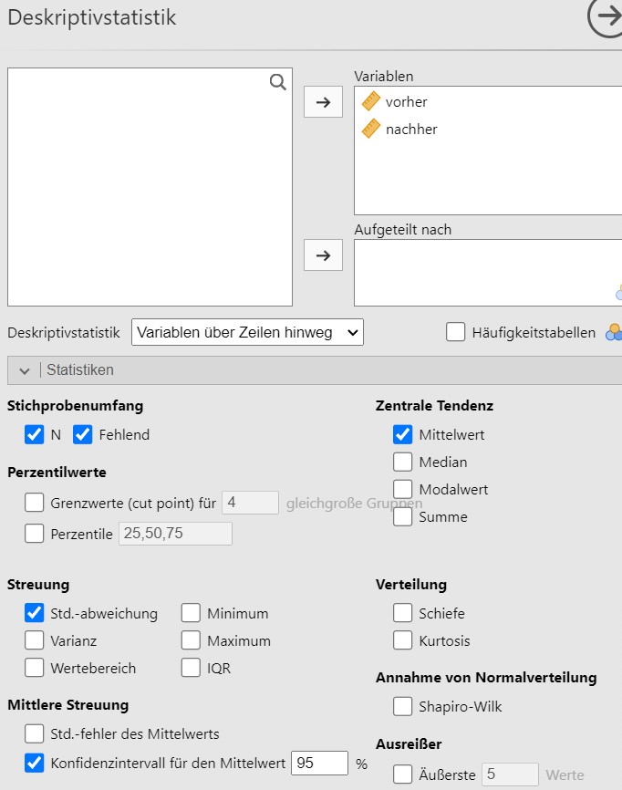 Jamovi setzen der Analyseparameter.