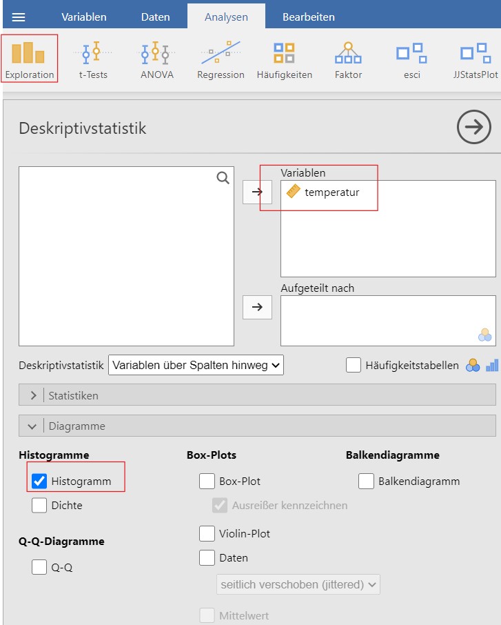 Links: Jamovi-Anleitung zur Erstellung des Histogramms; rechts: Histogramm der Temperatur.